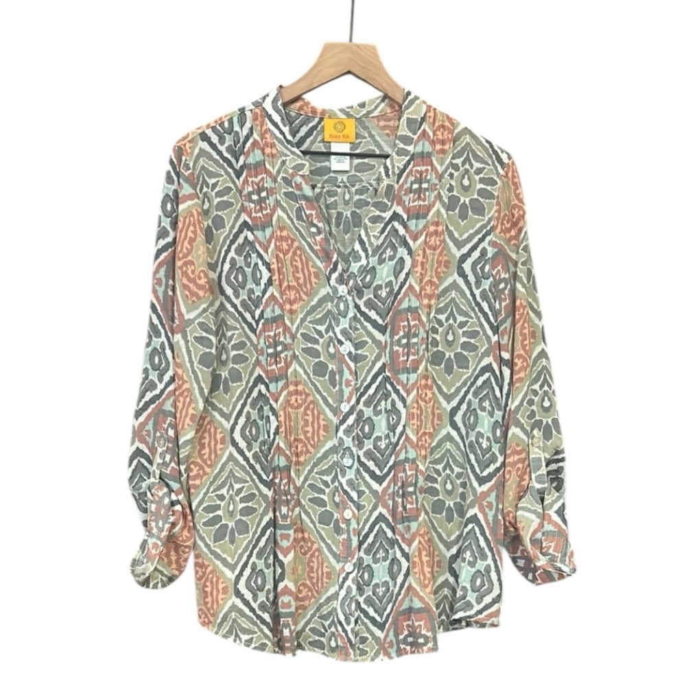 Ruby Rd. Lightweight Pintuck Long Sleeve Roll-Tab Button Down Tunic Blouse